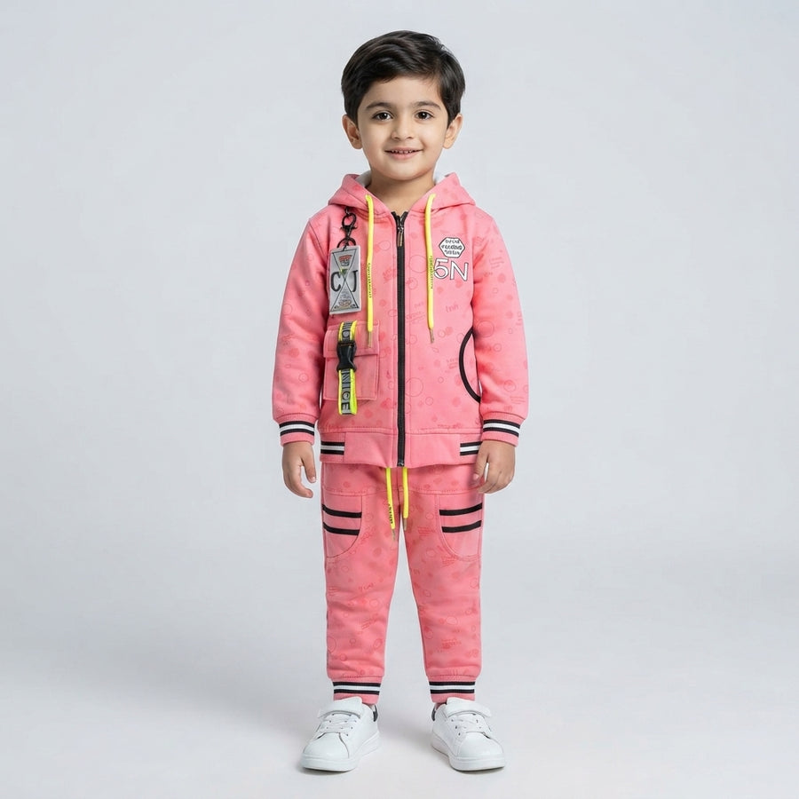 Boys Pink "5N" Graphic Zip-Up Hoodie Tracksuit Set | 2–3 Years