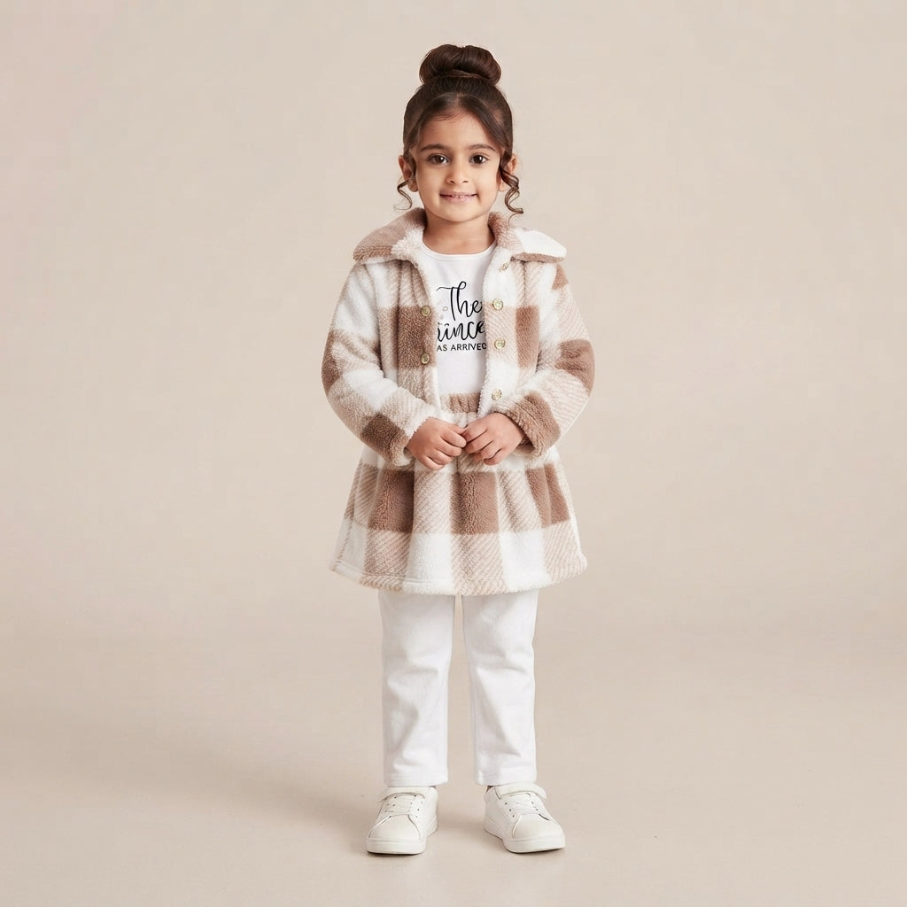 Girls Brown Checked 3-Piece Frock & Trouser Set