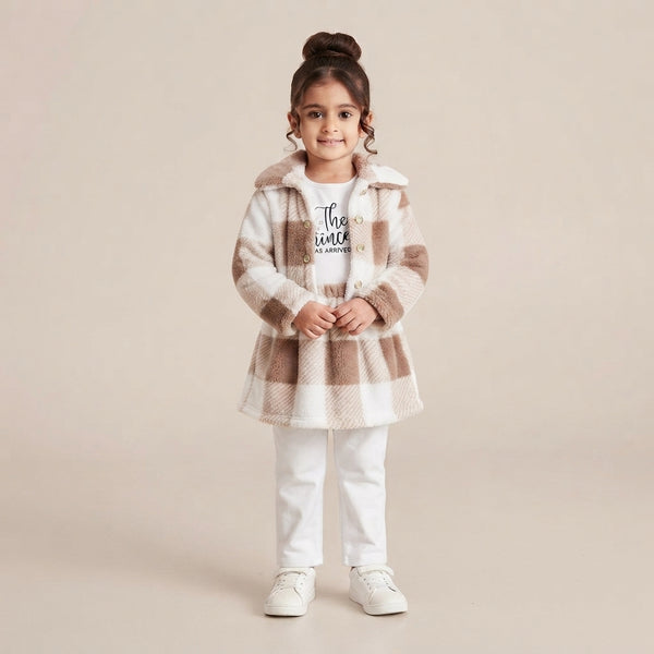 Girls Brown Checked 3-Piece Frock & Trouser Set