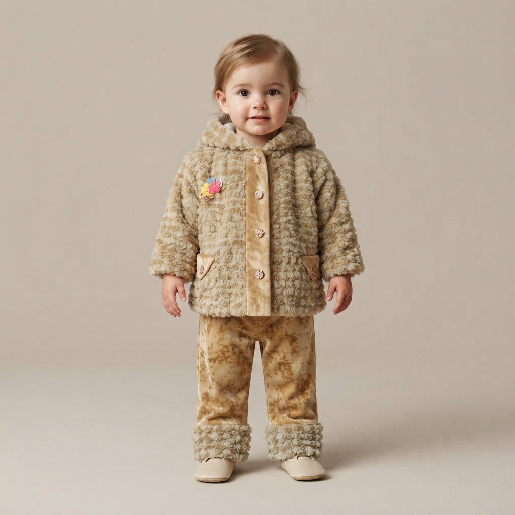 Toddler Girls' Golden Beige Textured Hooded Jacket and Matching Pants Set