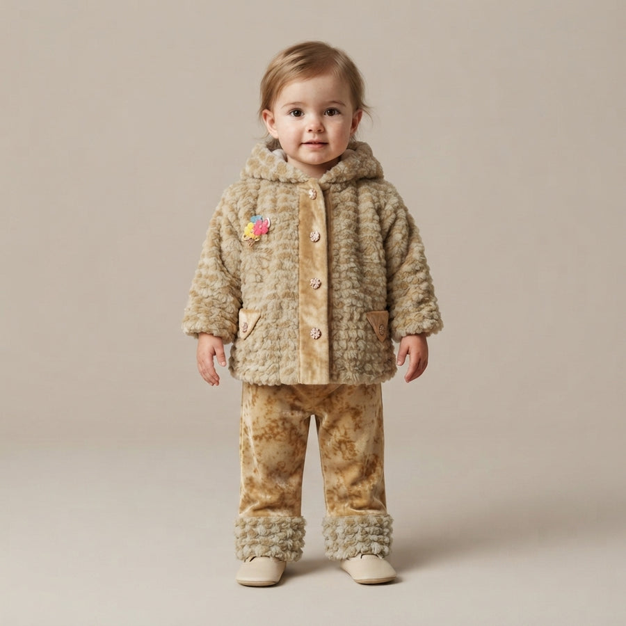 Toddler Girls' Golden Beige Textured Hooded Jacket and Matching Pants Set