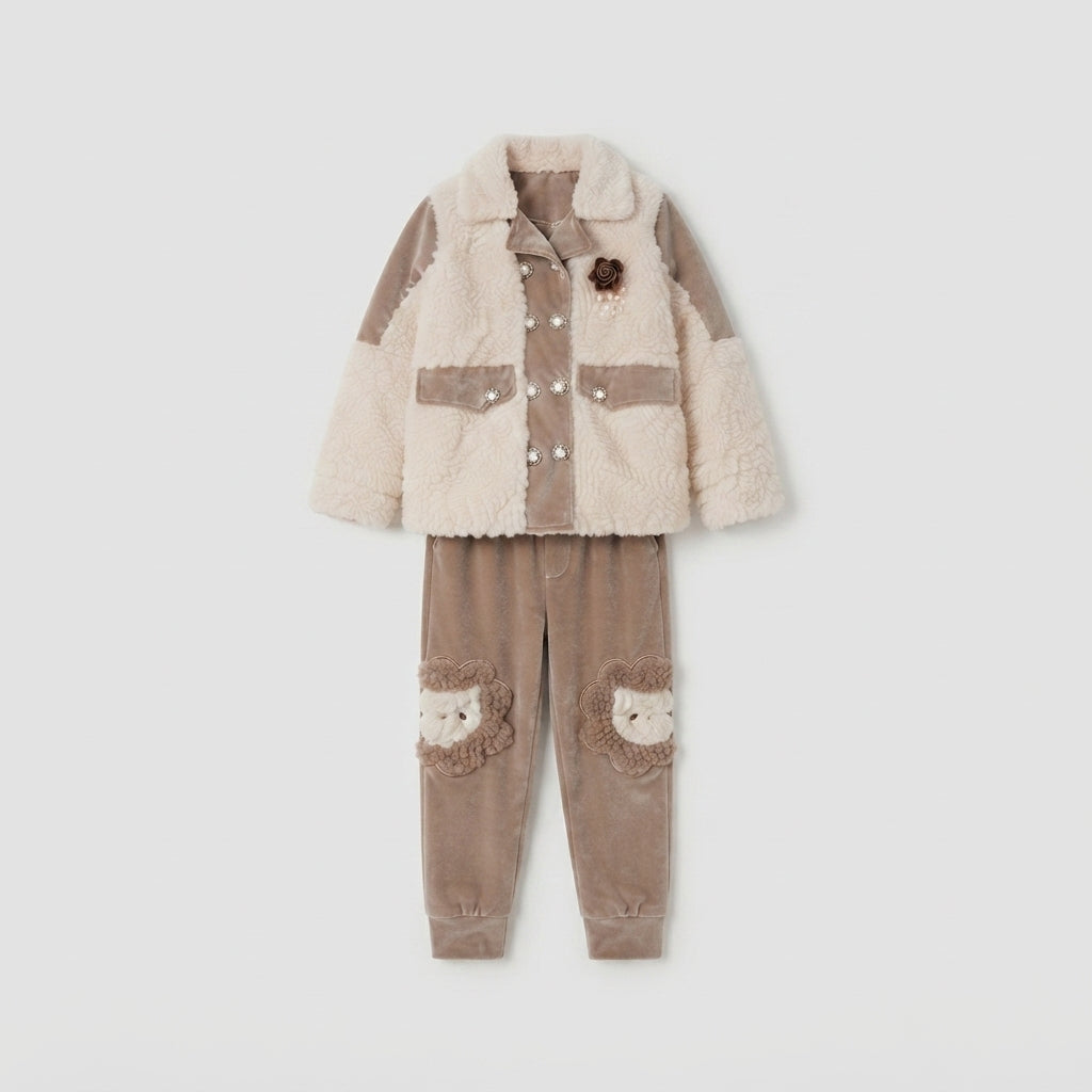 Girls Cream & Brown Velvet Suit — Photo 2