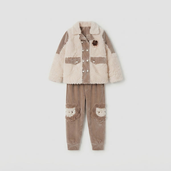 Girls Cream & Brown Velvet Suit — Photo 2