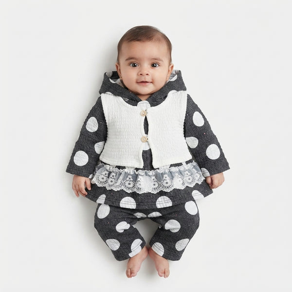 Baby Girl Black & White Polka Dot 3-Piece Hooded Frock & Trouser Set with White Sleeveless Upper