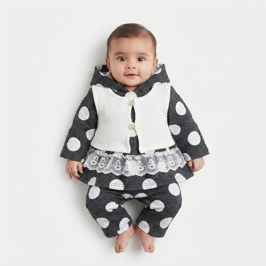 Baby Girl Black & White Polka Dot 3-Piece Hooded Frock & Trouser Set with White Sleeveless Upper