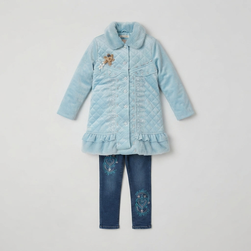Pastel Blue Quilted Long Coat & Embroidered Heart — Photo 2