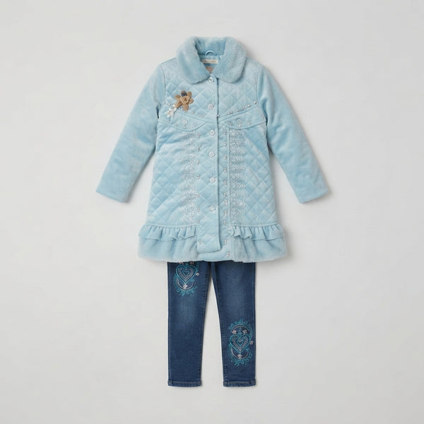 Pastel Blue Quilted Long Coat & Embroidered Heart — Photo 2