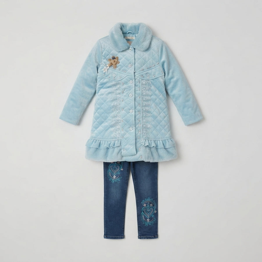 Pastel Blue Quilted Long Coat & Embroidered Heart — Photo 2