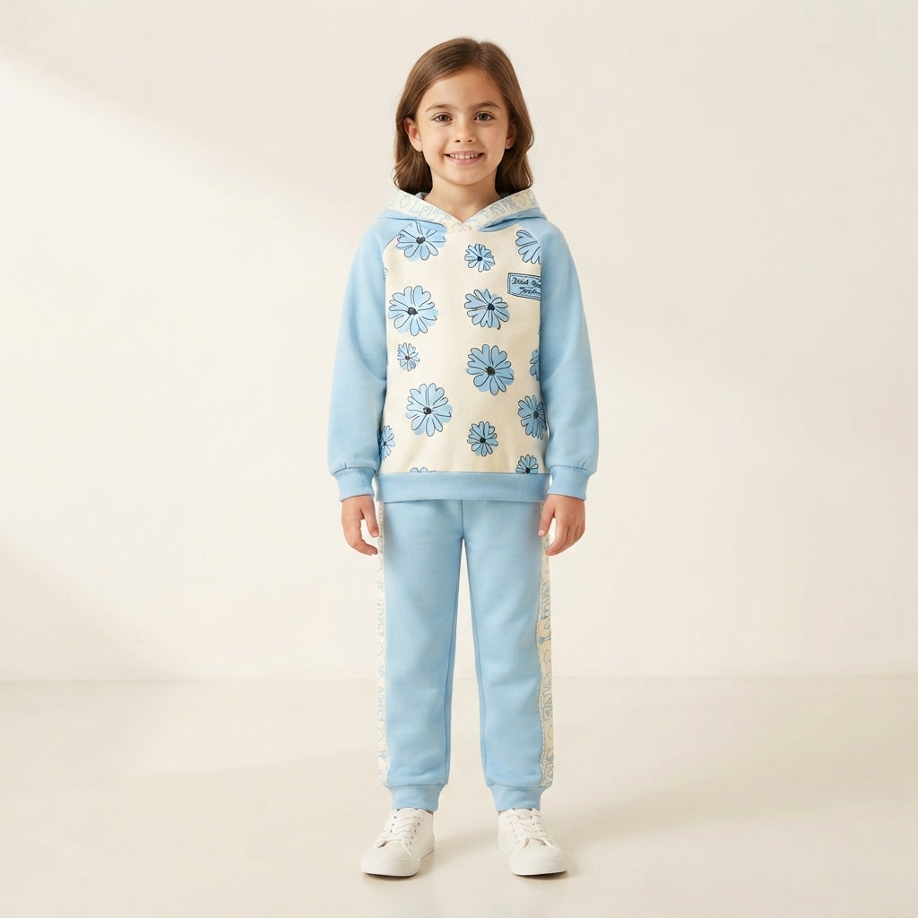 Girls Blue Floral Hooded Tracksuit - Cute Two Piece Winter and Casual Outfit for Kids