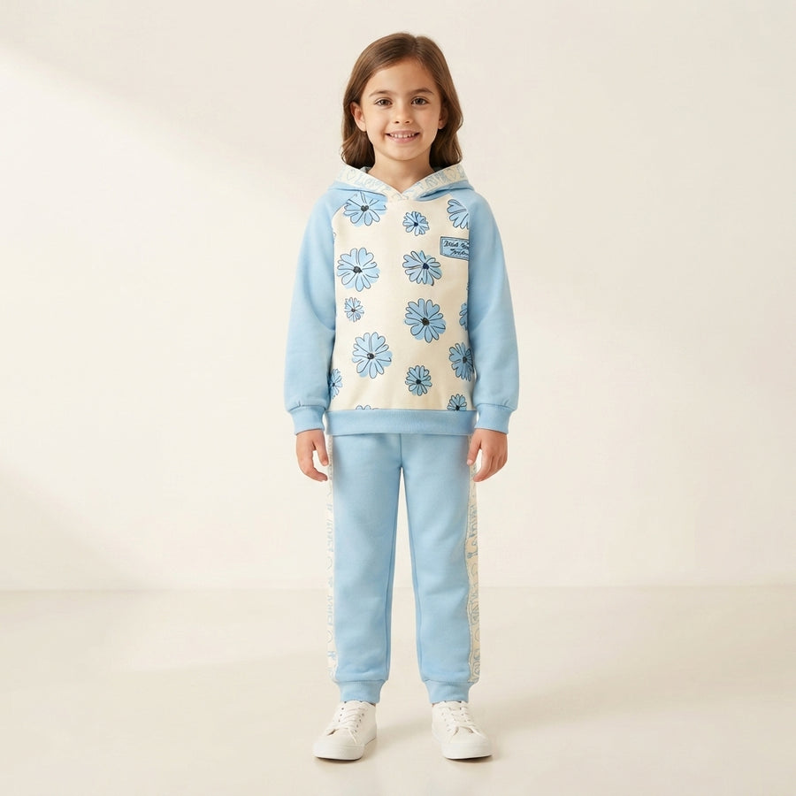 Girls Blue Floral Hooded Tracksuit - Cute Two Piece Winter and Casual Outfit for Kids