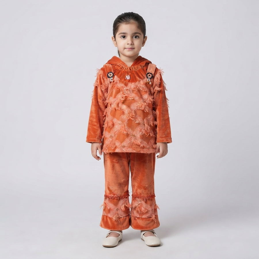 Baby Girl Orange Velvet Fringe-Trimmed Hooded Two-Piece Suit | 3–4 Years