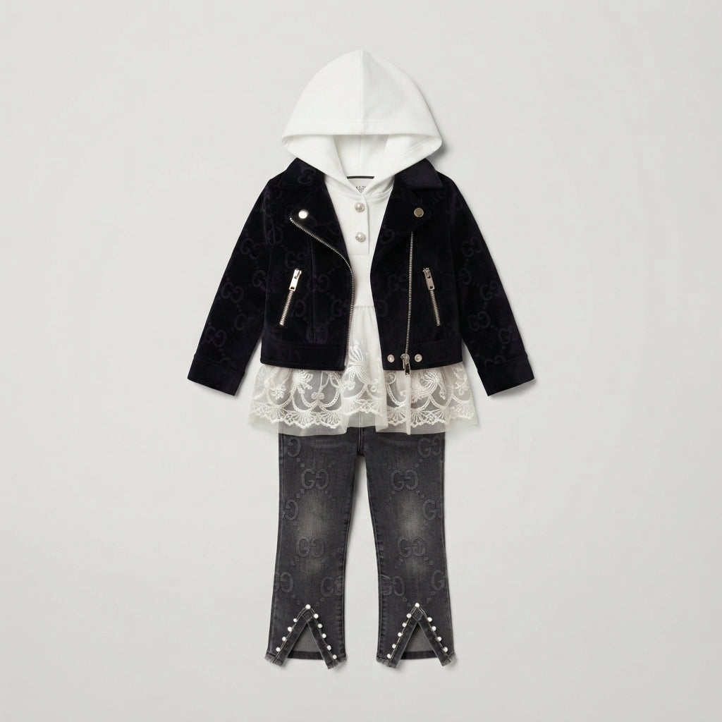 Girls 3-Piece Jacket Hoodie Denim Stretchable Pants Set — Photo 3