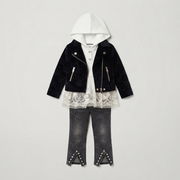 Girls 3-Piece Jacket Hoodie Denim Stretchable Pants Set — Photo 3