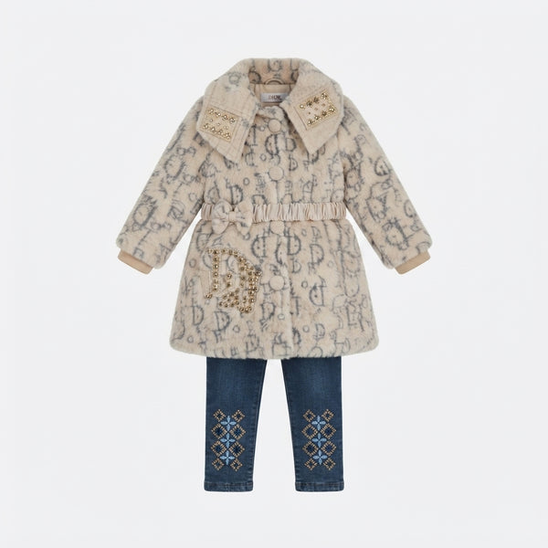 Fuzzy Coat and Embroidered Jeans Set — Photo 2