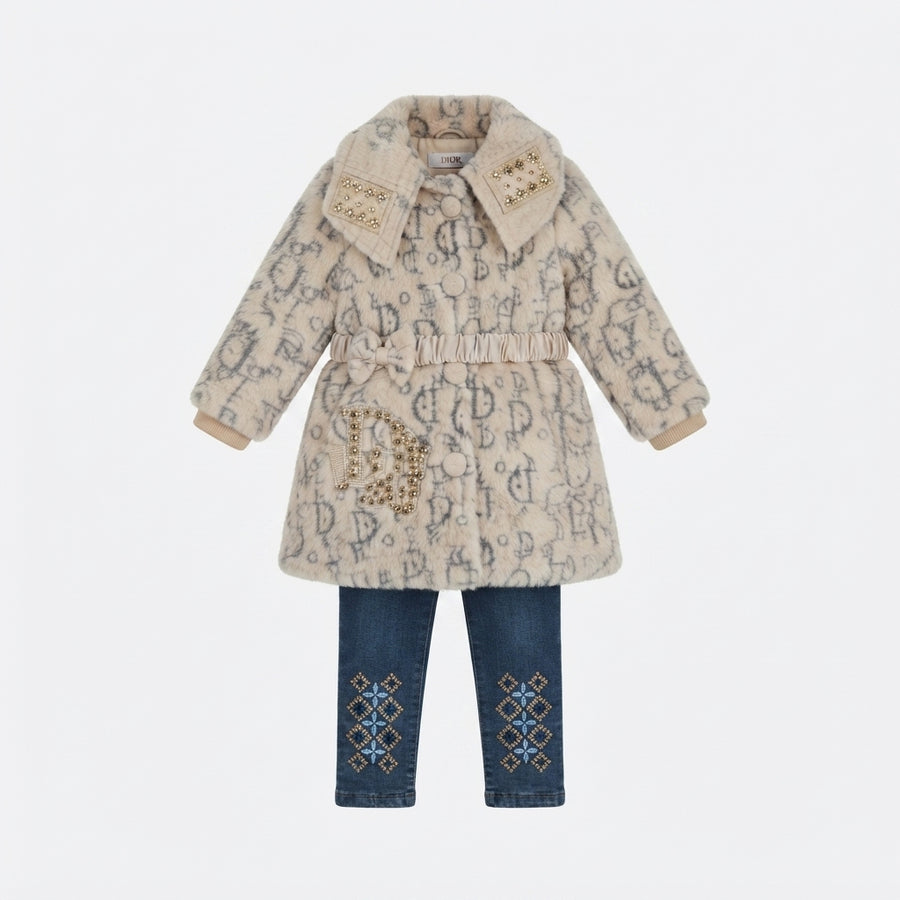 Fuzzy Coat and Embroidered Jeans Set — Photo 2