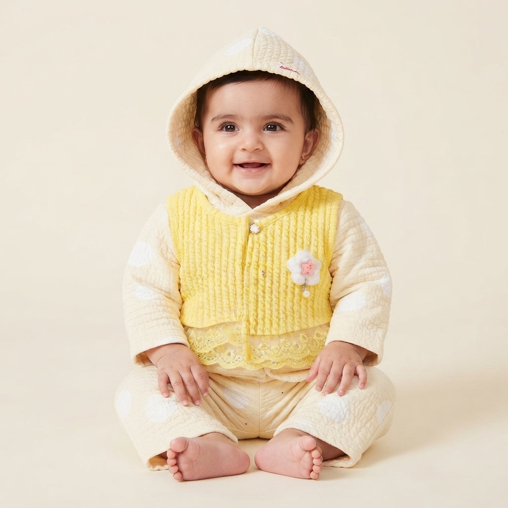 Baby Girl Yellow Polka Dot Quilted 3-Piece Suit With Vest & Hoodie