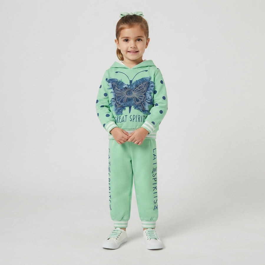 Mint Green Butterfly Print Hooded Tracksuit for Girls