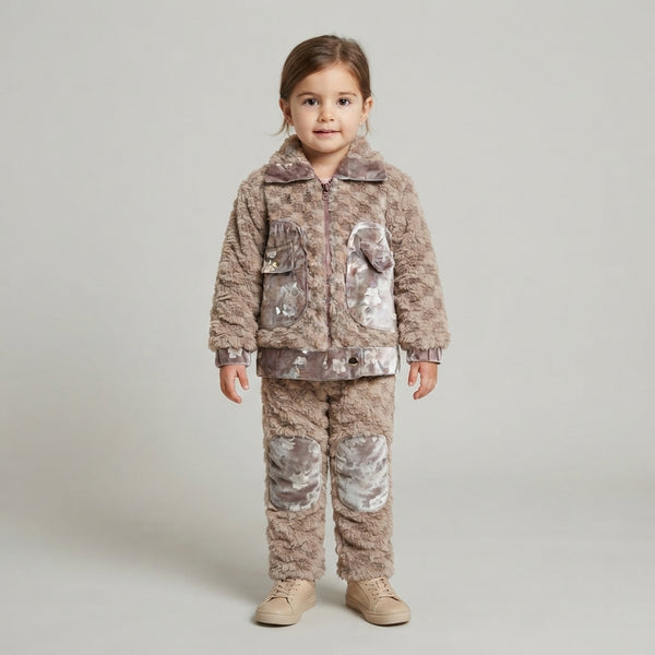 Girls Brown Faux Fur Floral Suit