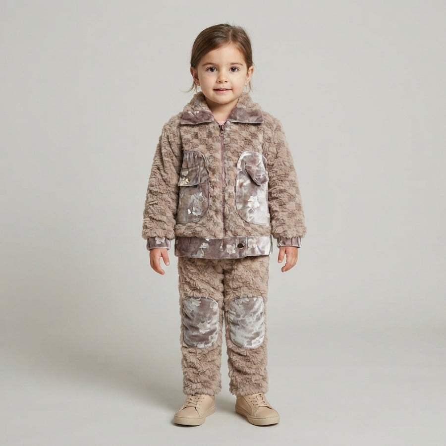 Girls Brown Faux Fur Floral Suit