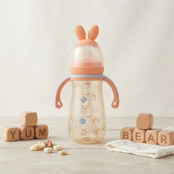 Cute Peach Baby Sipper Medicated Bottle with Bunny Cap & Handles – 300ml