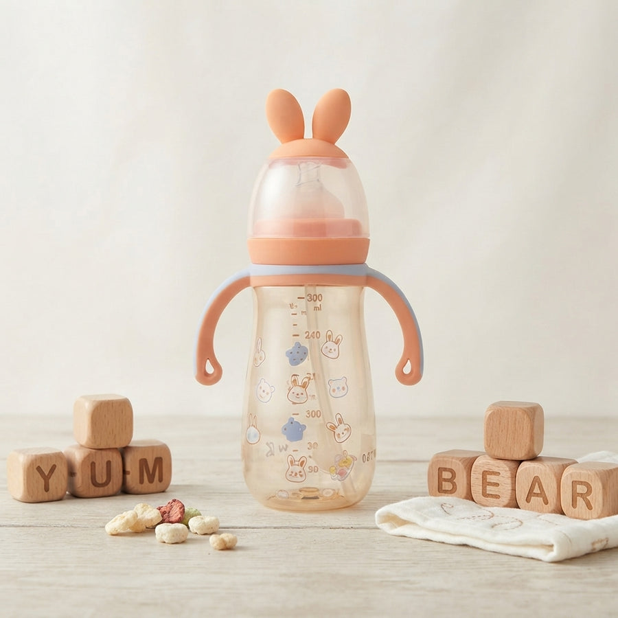 Cute Peach Baby Sipper Medicated Bottle with Bunny Cap & Handles – 300ml