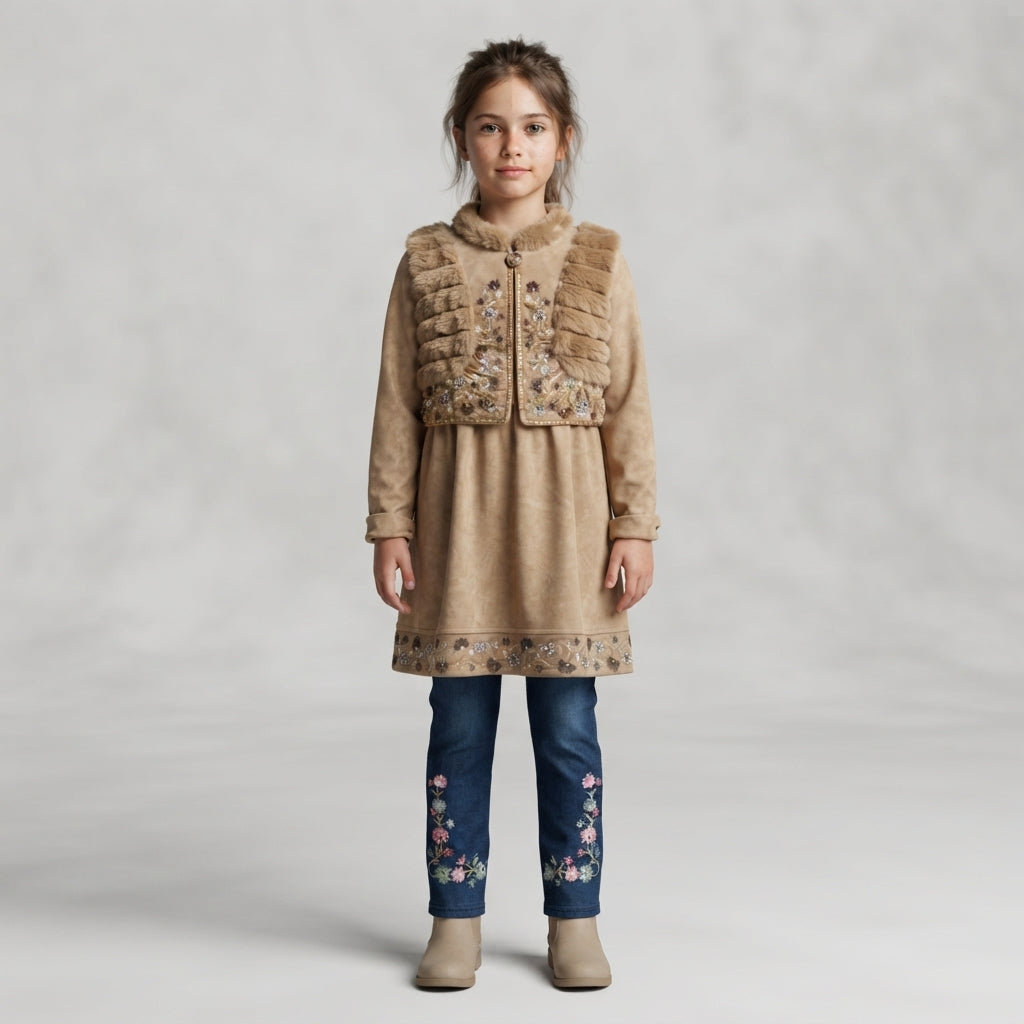 Girls Faux Fur Embellished Frock with Denim Trousers Outfit Set