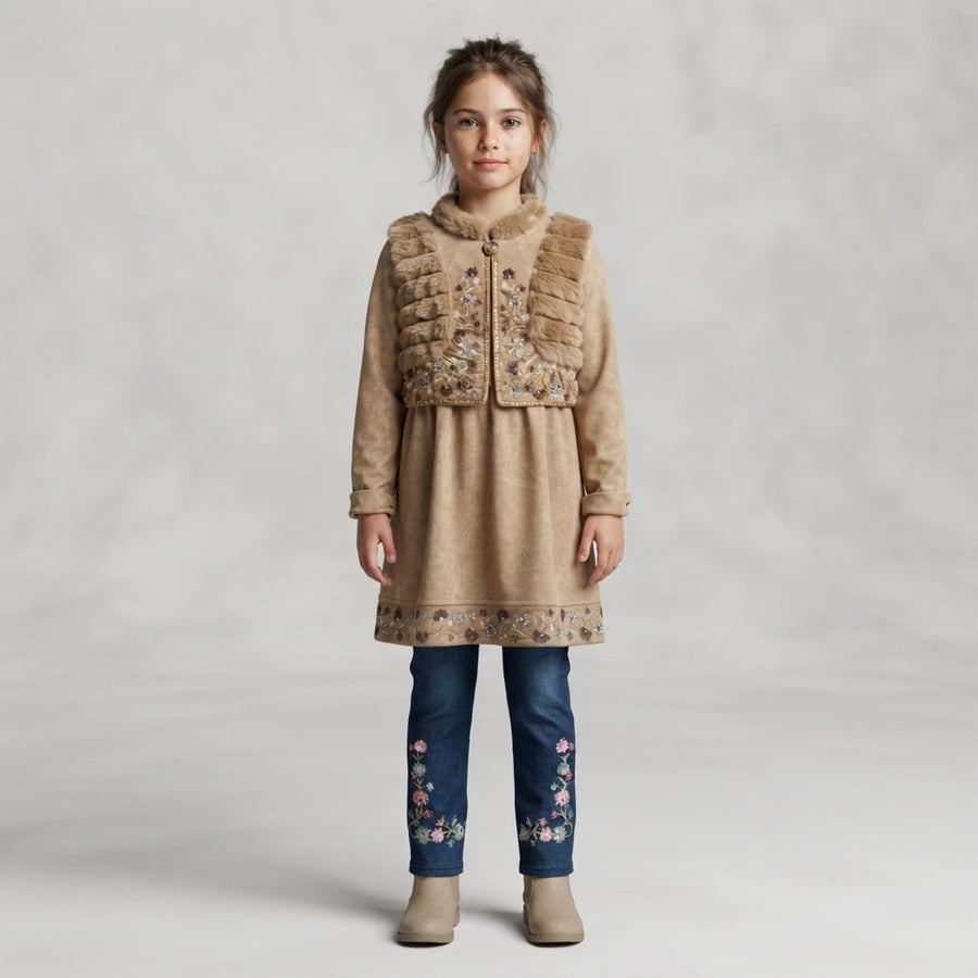 Girls Faux Fur Embellished Frock with Denim Trousers Outfit Set