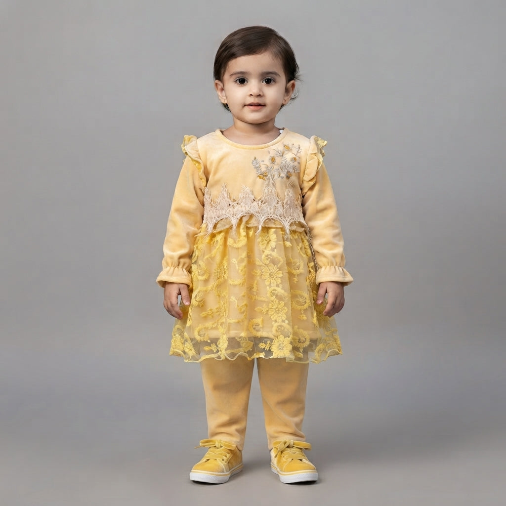 Toddler Girls' Yellow Velour Peplum Top and Pants Set with Lace and Floral Embroidery