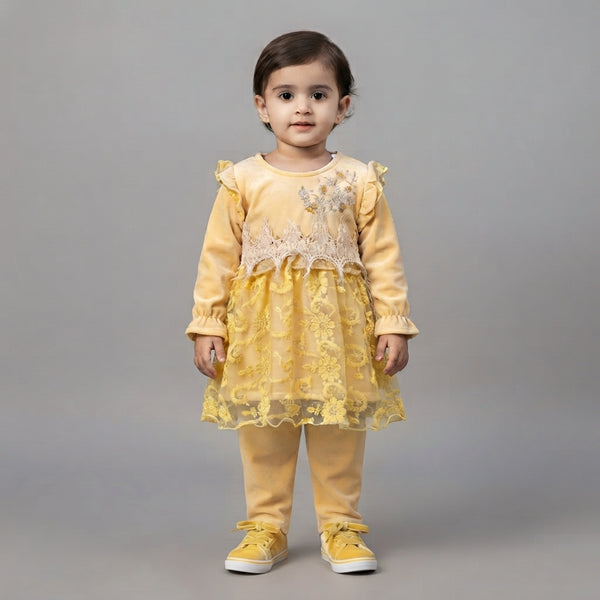 Toddler Girls' Yellow Velour Peplum Top and Pants Set with Lace and Floral Embroidery