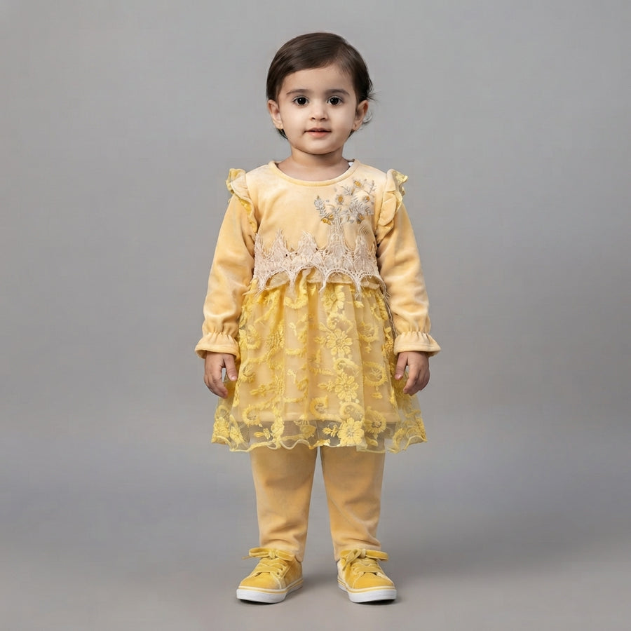 Toddler Girls' Yellow Velour Peplum Top and Pants Set with Lace and Floral Embroidery