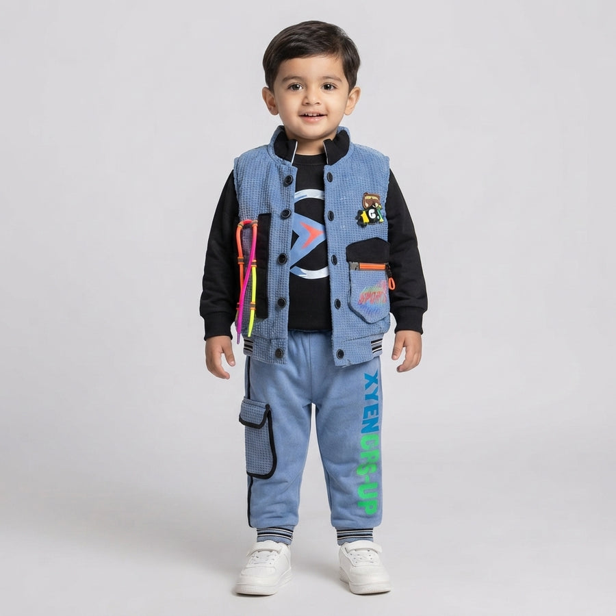 Boys Stylish 3-Piece Waffle Vest, Shirt, and Cargo Jogger Set (1–2 Years)