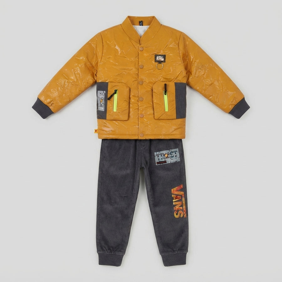 Boys Mustard Patent Puffer Jacket & Grey Corduroy Joggers Tracksuit Set