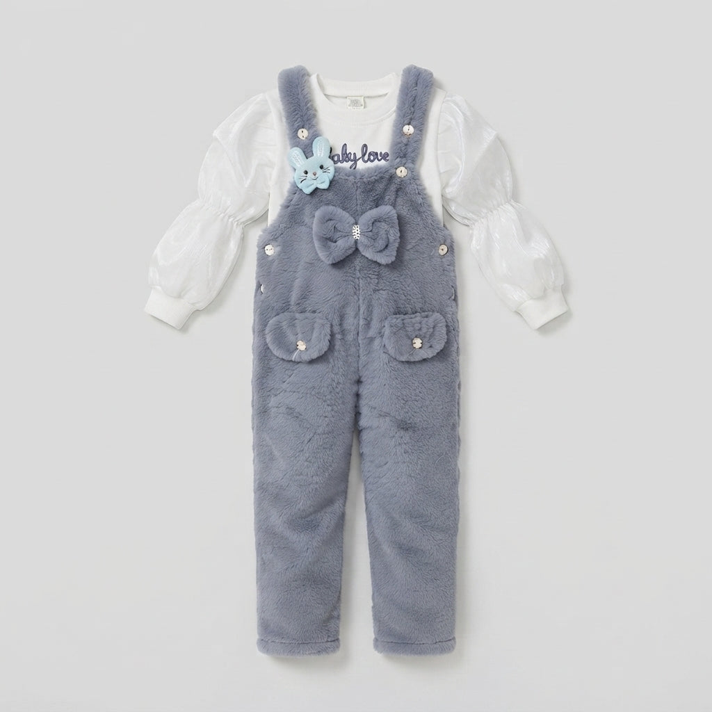 Girls Grey Plush Overalls Set — Photo 2