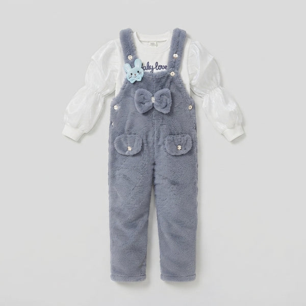 Girls Grey Plush Overalls Set — Photo 2