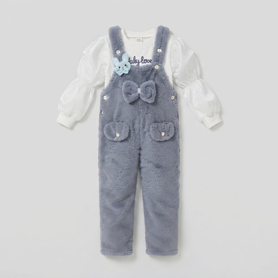 Girls Grey Plush Overalls Set — Photo 2