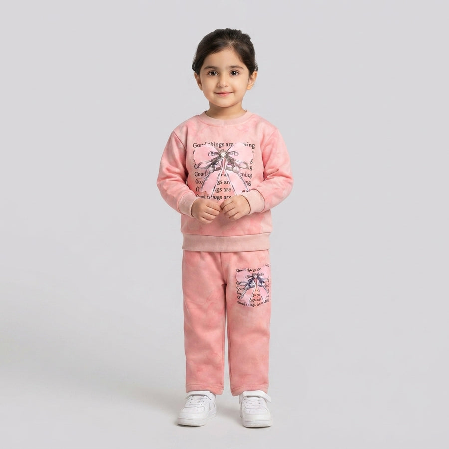 Girls Pink Bow Graphic Sweatshirt and Trouser