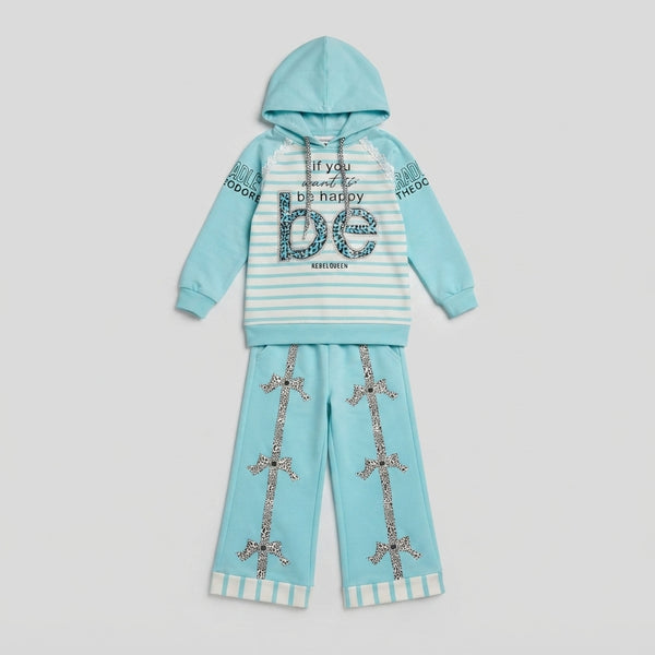 Girls Sky Blue Be Happy Hoodie Set — Photo 2