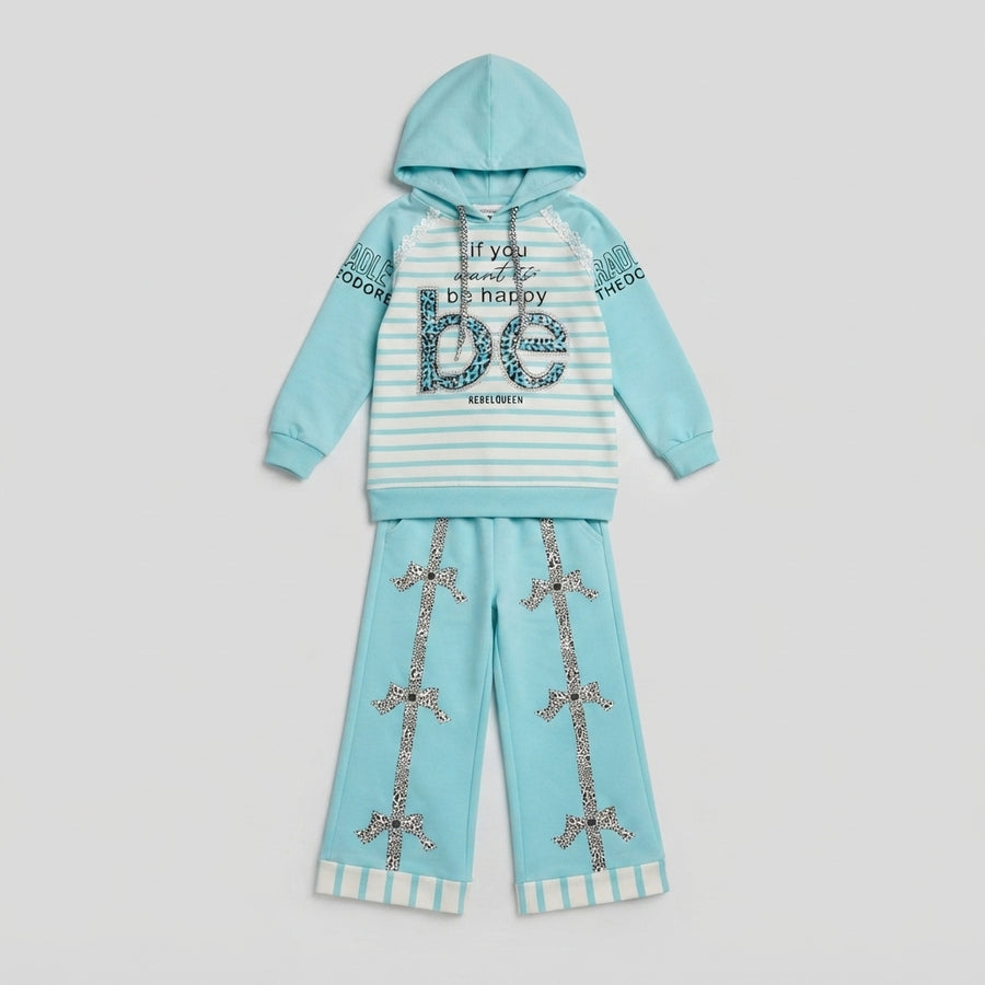 Girls Sky Blue Be Happy Hoodie Set — Photo 2