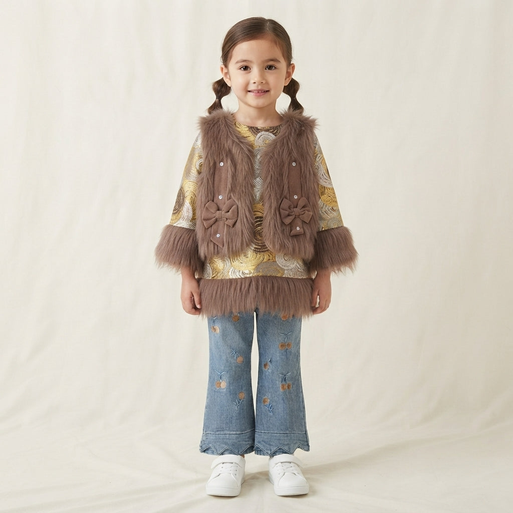 Baby Girls Gold Tunic & Denim Fur Vest Set