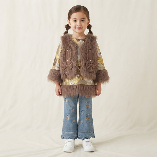 Baby Girls Gold Tunic & Denim Fur Vest Set