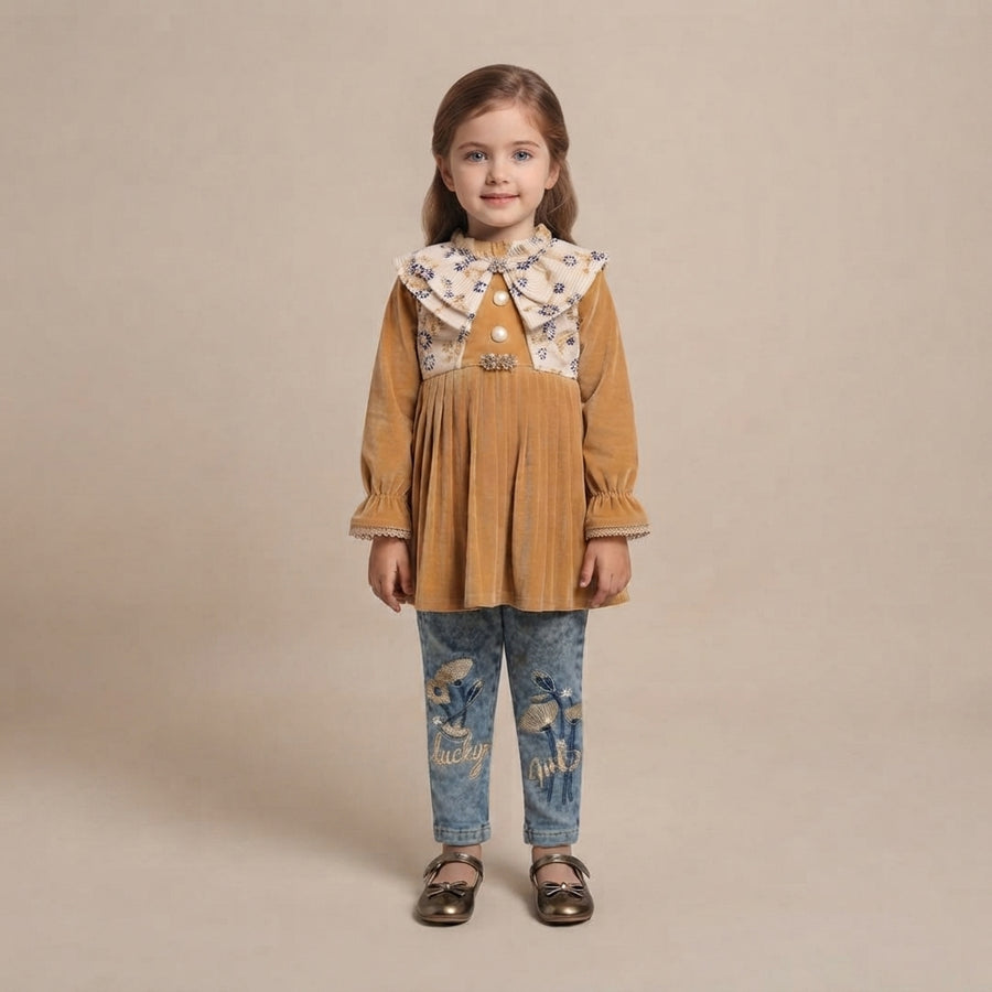 Luxury Mustard Velvet Frock & Embroidered Denim Trouser Set for Baby Girls