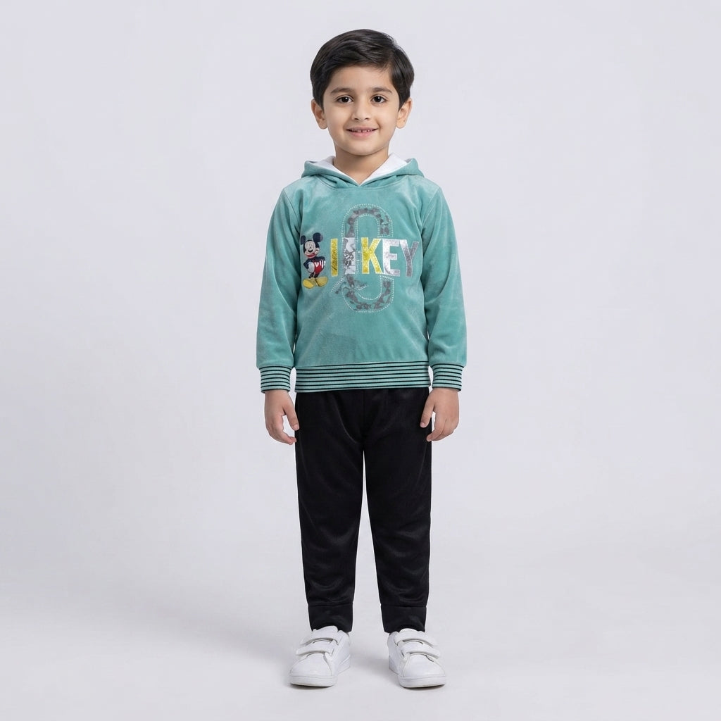 Boys Mint Green "MICKEY" Hooded Velvet Tracksuit