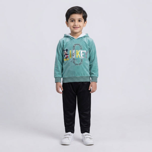 Boys Mint Green "MICKEY" Hooded Velvet Tracksuit