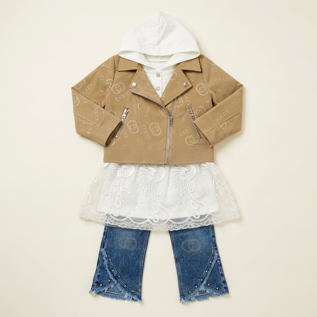 Girls Imported Coat Style Jacket with Inner Hoodie & Fancy Jeans 3 Piece Suit
