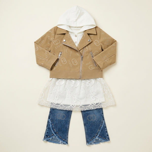 Girls Imported Coat Style Jacket with Inner Hoodie & Fancy Jeans 3 Piece Suit