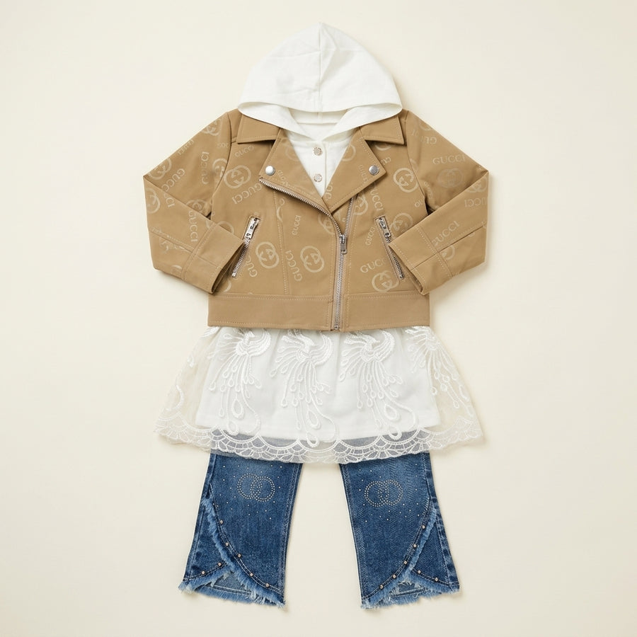 Girls Imported Coat Style Jacket with Inner Hoodie & Fancy Jeans 3 Piece Suit
