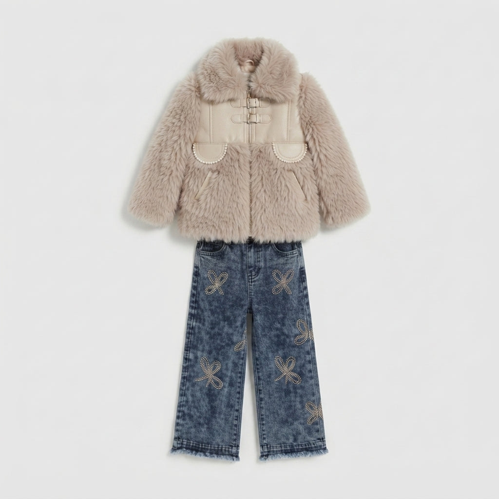 Girls Beige Faux Fur & Floral Denim Set — Photo 3