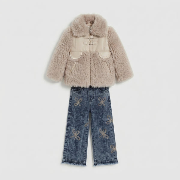 Girls Beige Faux Fur & Floral Denim Set — Photo 3