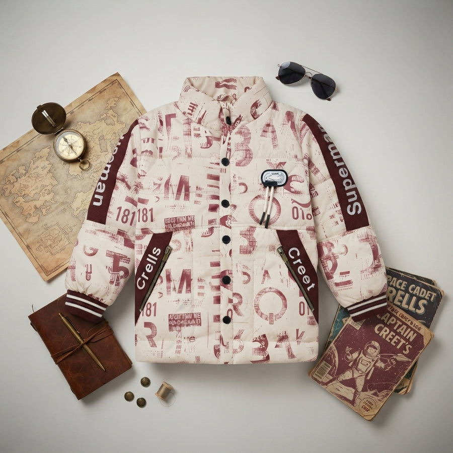 Urban Typography Print Puffer Jacket – Cream & Maroon Quilted Outerwear with "Superman" Sleeves
