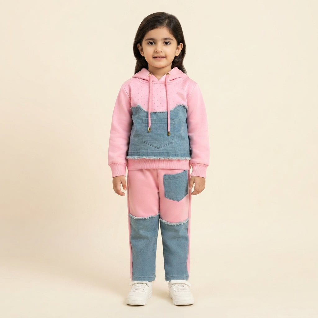 Girls Pink & Denim Patchwork 2-Piece Hoodie Set